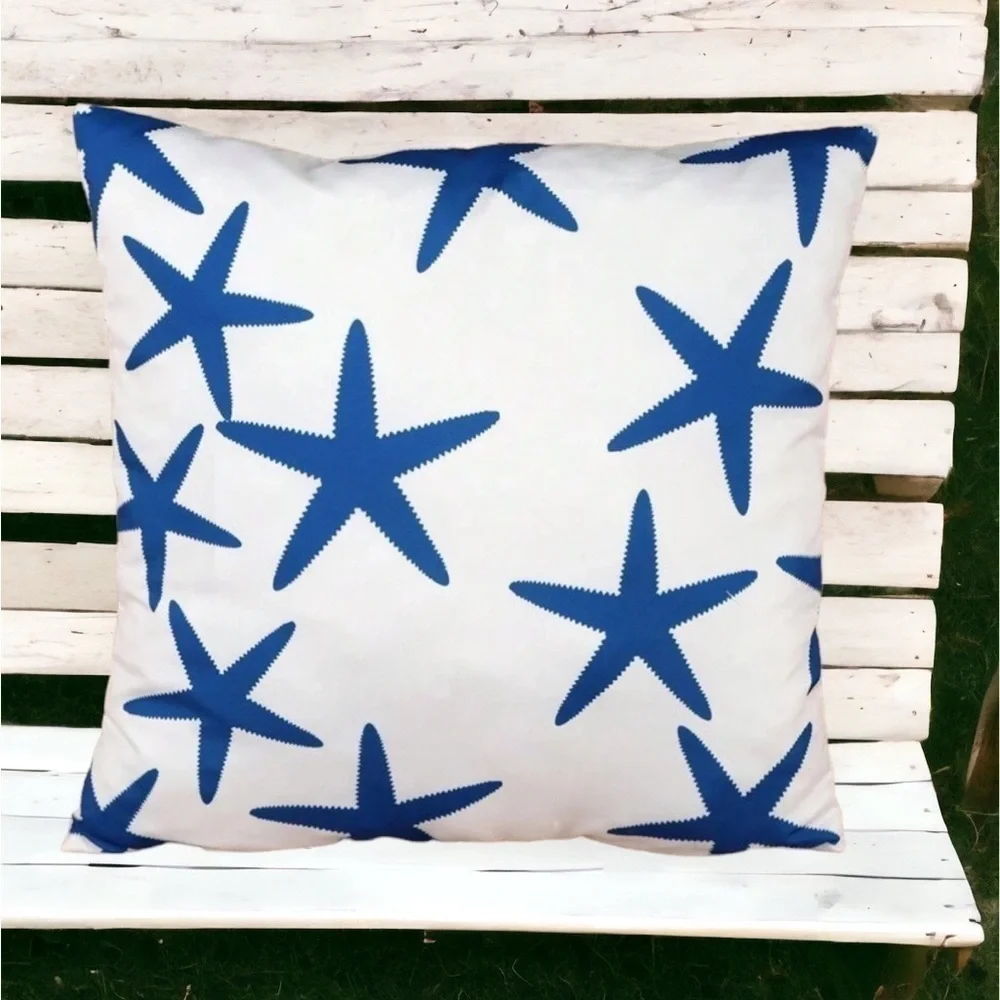 Coastal Starfish Pillow Cover Beach Nautical Square Blue White 17. 7 X 17.7 in